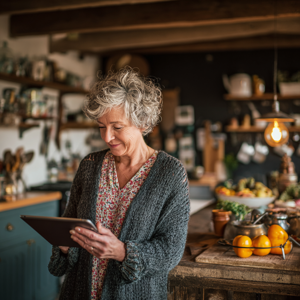 Жінка 55 років розглядає персоналізоване меню на планшеті в затишній кухні