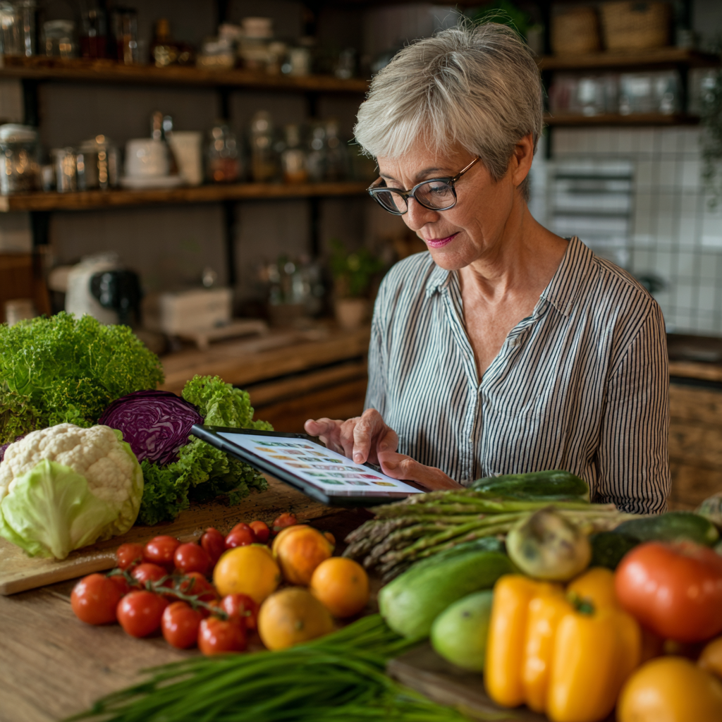 Жінка 55 років розглядає персоналізований тижневий план харчування на планшеті, поряд свіжі овочі та фрукти